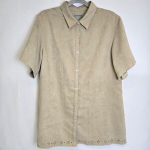 Marsh Landing Short Sleeve Button-Down Scalloped Eyelet Hem Shirt Beige Large